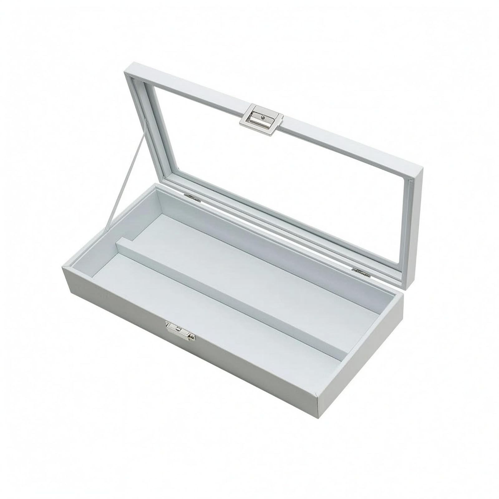 Boîte de Rangement Lunettes Étui Présentoir Coffret Organisateur Couvercle Verre Fermeture à Loquet Doublure Flanelle, Extérieur En Cuir Blanc, Intérieur En Cuir Blanc