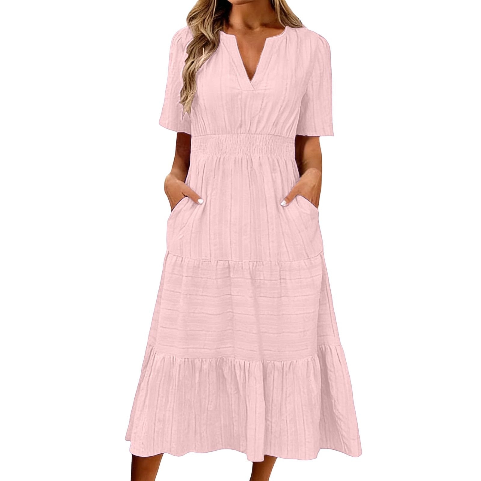 Generisch Elegantes Sommerkleid in großen Größen mit Rüschenausschnitt, Puffärmeln ausgestellten kurzen Ärmeln (RD2, M)
