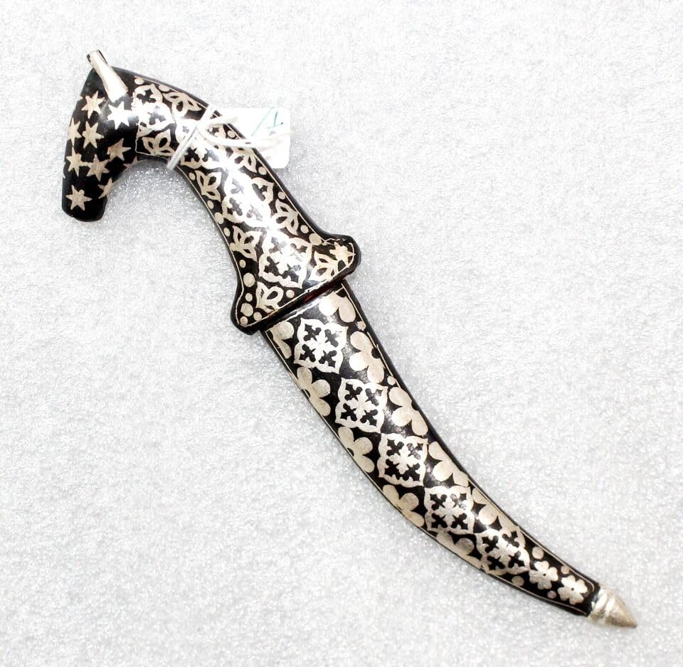 Rajasthan Gems Dagger Knife Damascus Steel Blade Pure Silver Koftgari Wire Work Horse Face H555