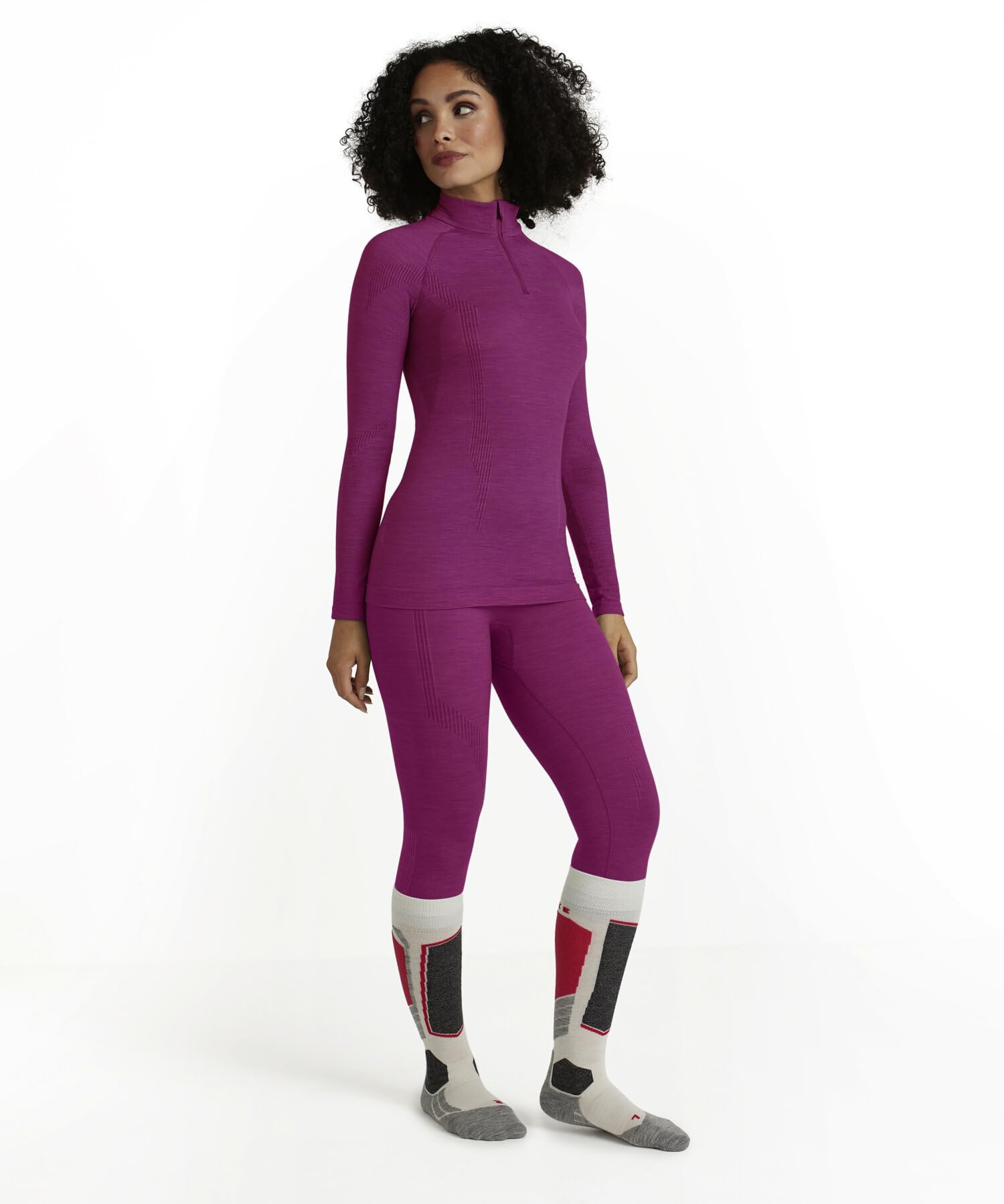 Falke Wool-Tech High Zip Neck W L/S SH Laine séchage Rapide 1 pièce, Couche de Base supérieure Femme, Violet (Radiant Orchid 8692), S