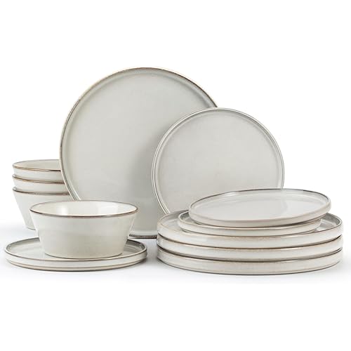 Famiware Annecy Stoneware Dinnerware Sets, Plates and Bowls Sets for 4, 12 Pieces Handmade Tableware/Dishware/Dinner/Dish Set with Lipped Edges - Double Reactive Glaze, Grey-White