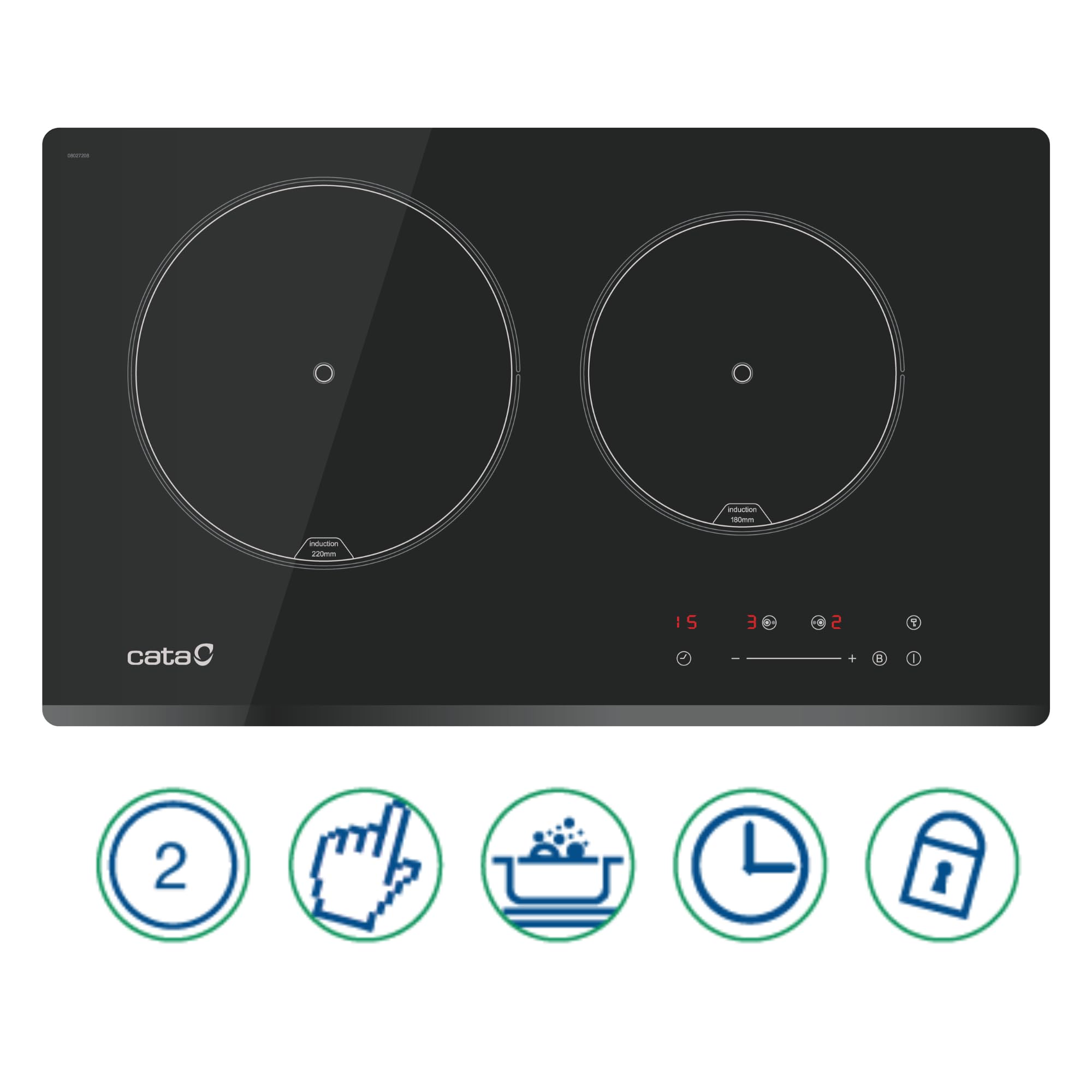 Cata IB 2 PLUS BK Plaque à induction 2 zones de cuisson Commande tactile avec avertissement sonore 9 niveaux de puissance réglables + fonction Booster Timer pour chaque zone Largeur 59 cm Couleur Noir
