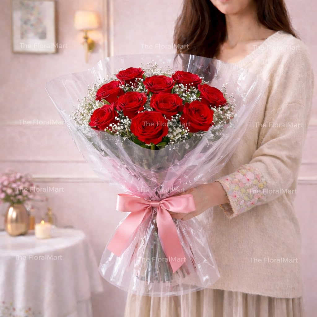 Fresh Flower Bouquet of 08 Real Red Roses in Premium Cellophane Wrapping with Seasonal Fillers, Bunch of 08 (Red Rose Bouquet), Gifts for Valentine's Day, Holi, Mother's Day