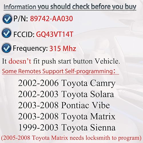 Miniatura 2 de Llavero de entrada sin llave compatible con Toyota Camry 2002-2006  Solara 2002-2003  Toyota Matrix Pontiac Vibe 2003-2008  Sienna 1999-2003