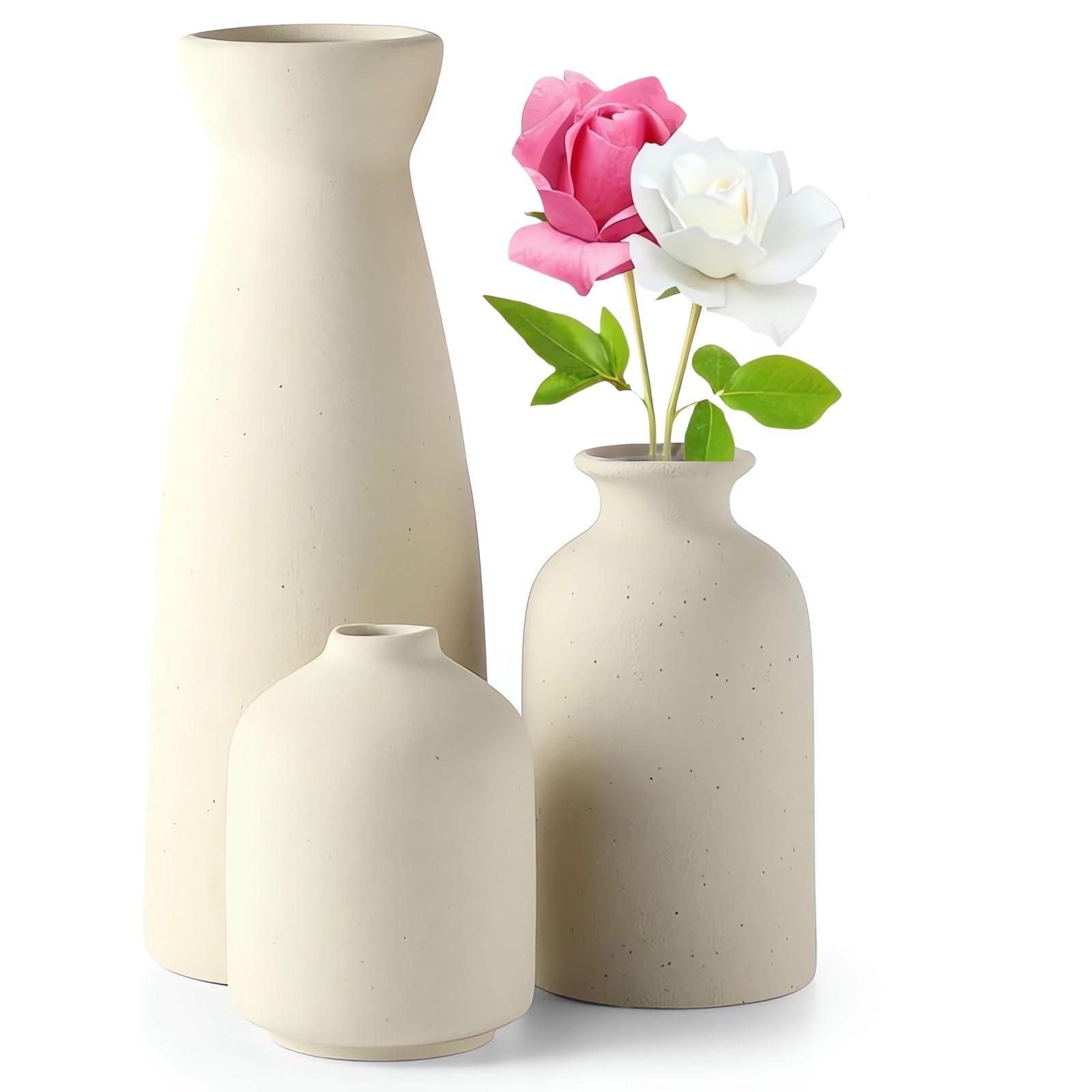 Ceramic Vase Set, Set of 3, Home Decorative Flower Vases for Modern Home Decor, Pampas Grass Vase, Boho Dried Flowers Vases for Living Room, Table Decor (Beige)