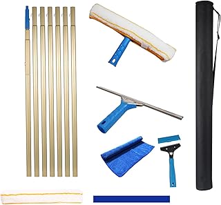 Rascador de ventanas con barra de extensión de 7 m, limpiador de cristales de 35 cm, escobilla de goma para ventanas altas, herramientas de limpieza para interiores y exteriores, color amarillo