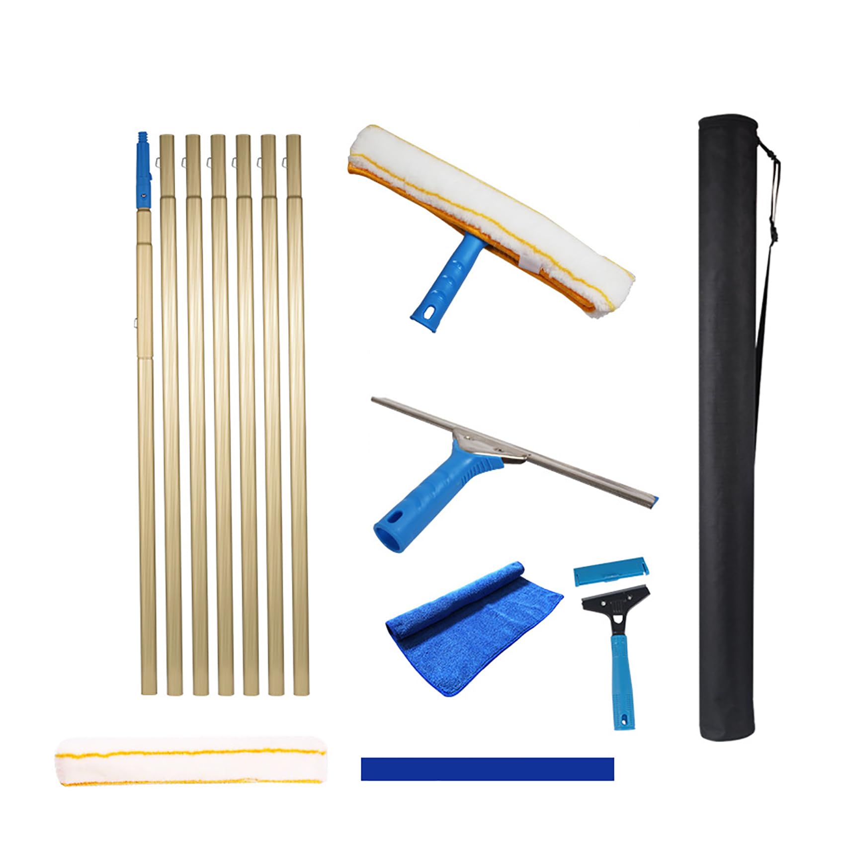 Rascador de ventanas con barra de extensión de 7 m, hoja de goma de limpieza de vidrio de 35 cm para ventanas altas, kit de limpieza de interiores y exteriores, color amarillo