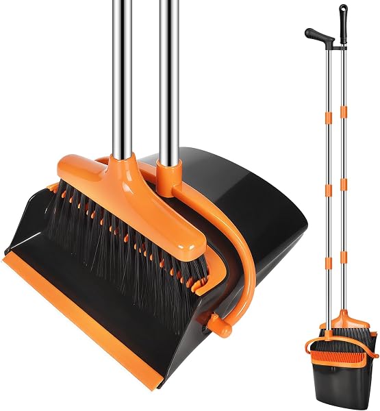 Ensemble Balai et Pelle à Poussière avec Manche Extensible (123 cm) - Pelle balayette,Pelle et balayette Long Manche pour Intérieur/Extérieur,Cuisine,Garage,Design Moderne Orange - 1
