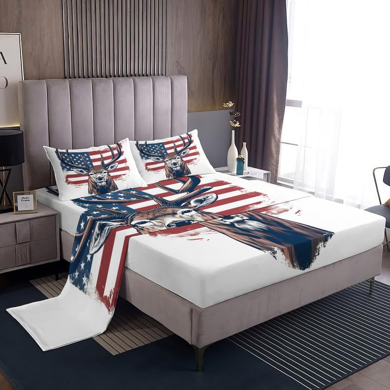 Sábanas de ciervo tamaño Queen Sábanas de cama con bandera estadounidense, microfibra suave, bolsillo profundo, sábanas y fundas de almohada