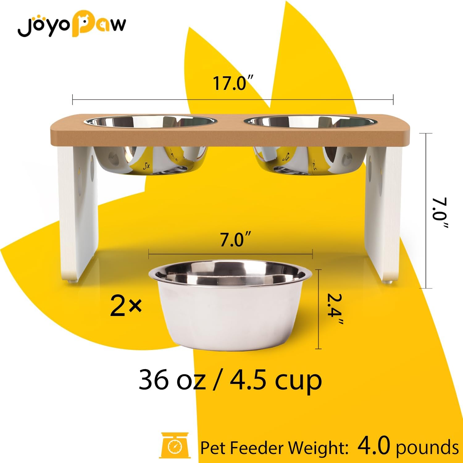 Elevated Dog Bowls, Waterproof Raised Dog Bowl for Medium Dogs, HIPS Poly Lumber Stand with 2 Stainless Steel Bowls, Indoor & Outdoor Use (7'' Tall-40 oz Bowl, Teak-White)