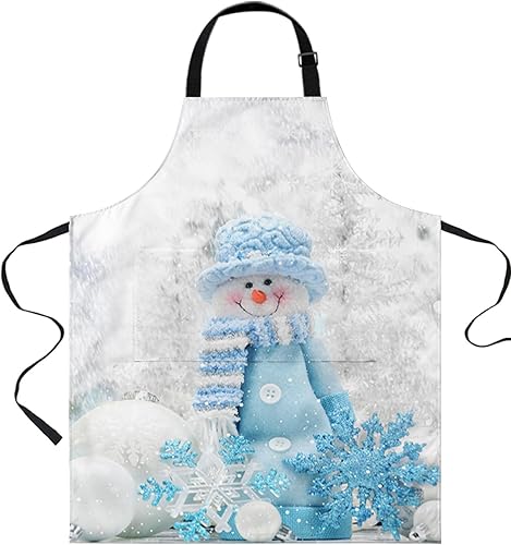 Shine-Home Christmas Snowman Bib Aprons for Women With Pockets Kitchen Apron,Blue Winter Fantasy Snowflake