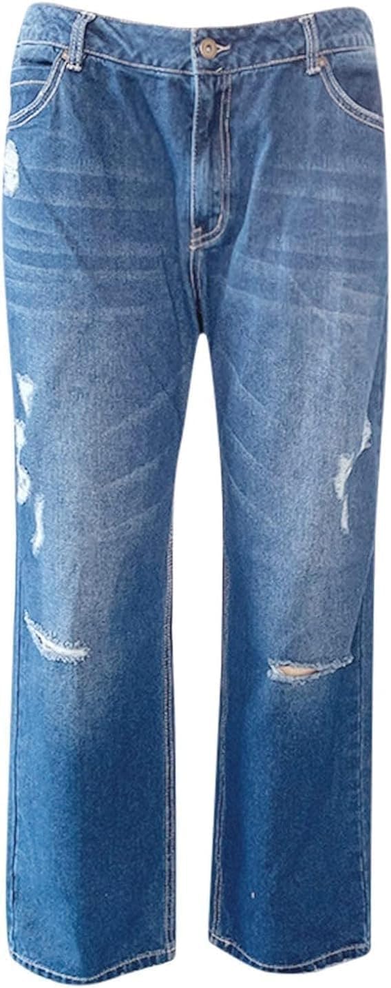 Akivide Women's Loose Baggy Straight Leg Stretchy Ripped Jeans Trendy Causal Boyfriend Distressed Denim Pants
