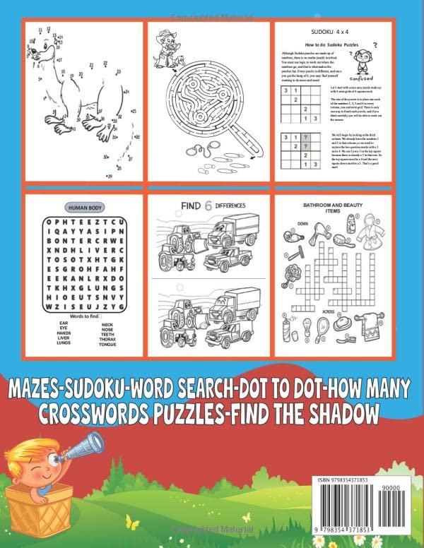 Activity Book For Kids Ages 6-8: Mazes,Connect the Dot ,Word Search,Crossword,Sudoku,How Many,Match the Shadow / Great Gifts for Boys and Girls for Home or Traveling - Image 2