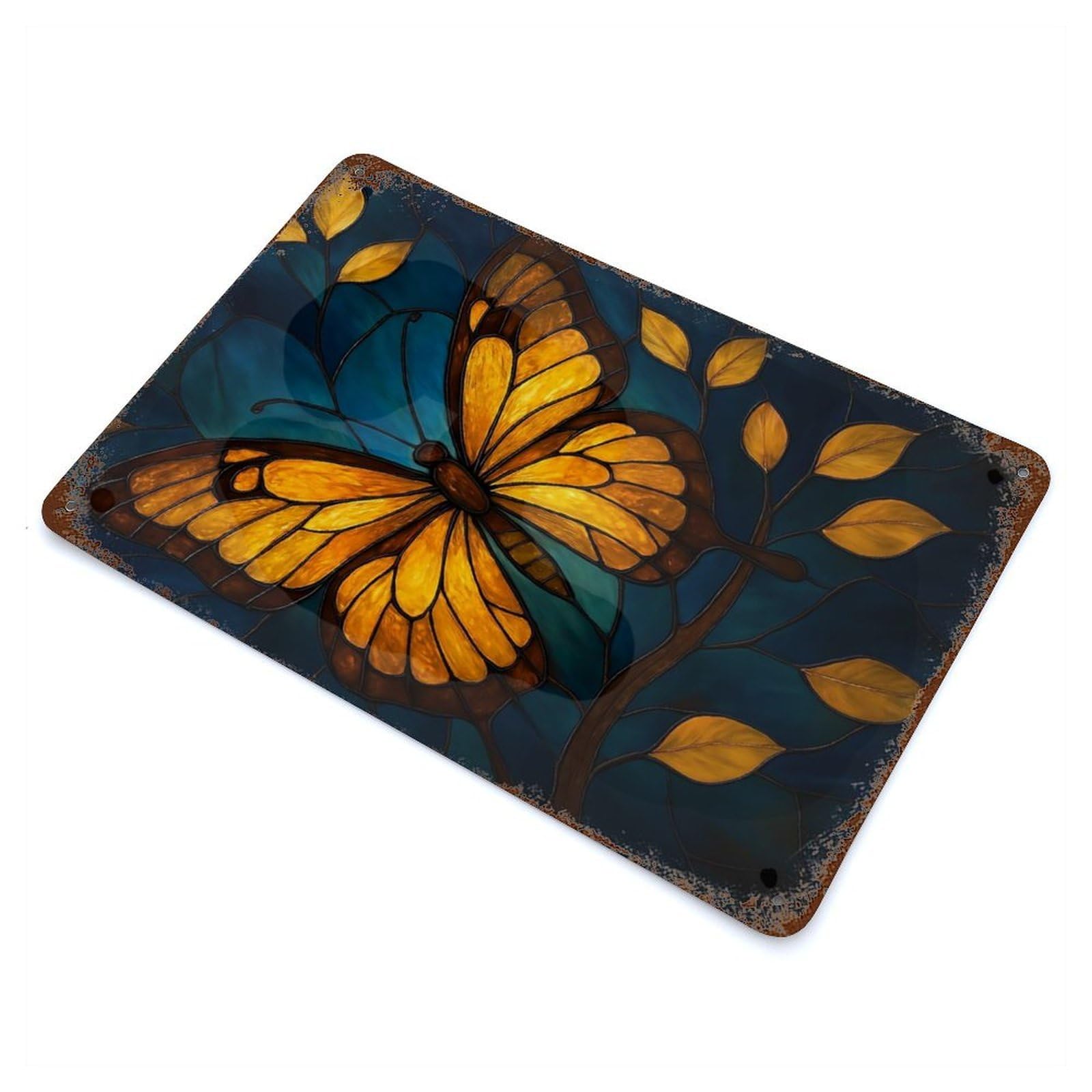 Stained Glass Butterfly 11.8"x7.9" Vintage Rust Metal Sign, Shabby Chic Decor for Garage, Bar And Workshop Decor