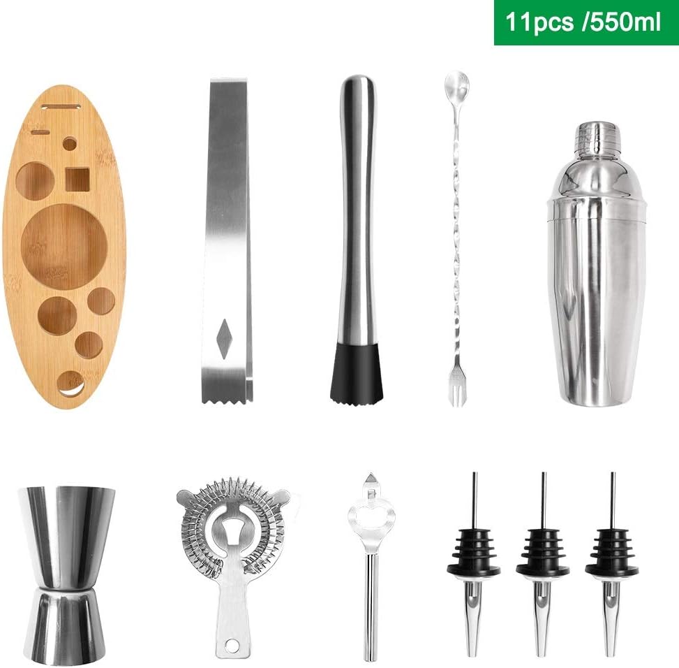 11pcs Stainless Steel Cocktail Shaker Set Mixer Bartender Tools Kit Fish-Shaped Base Wine Mixing Barware(550ML)