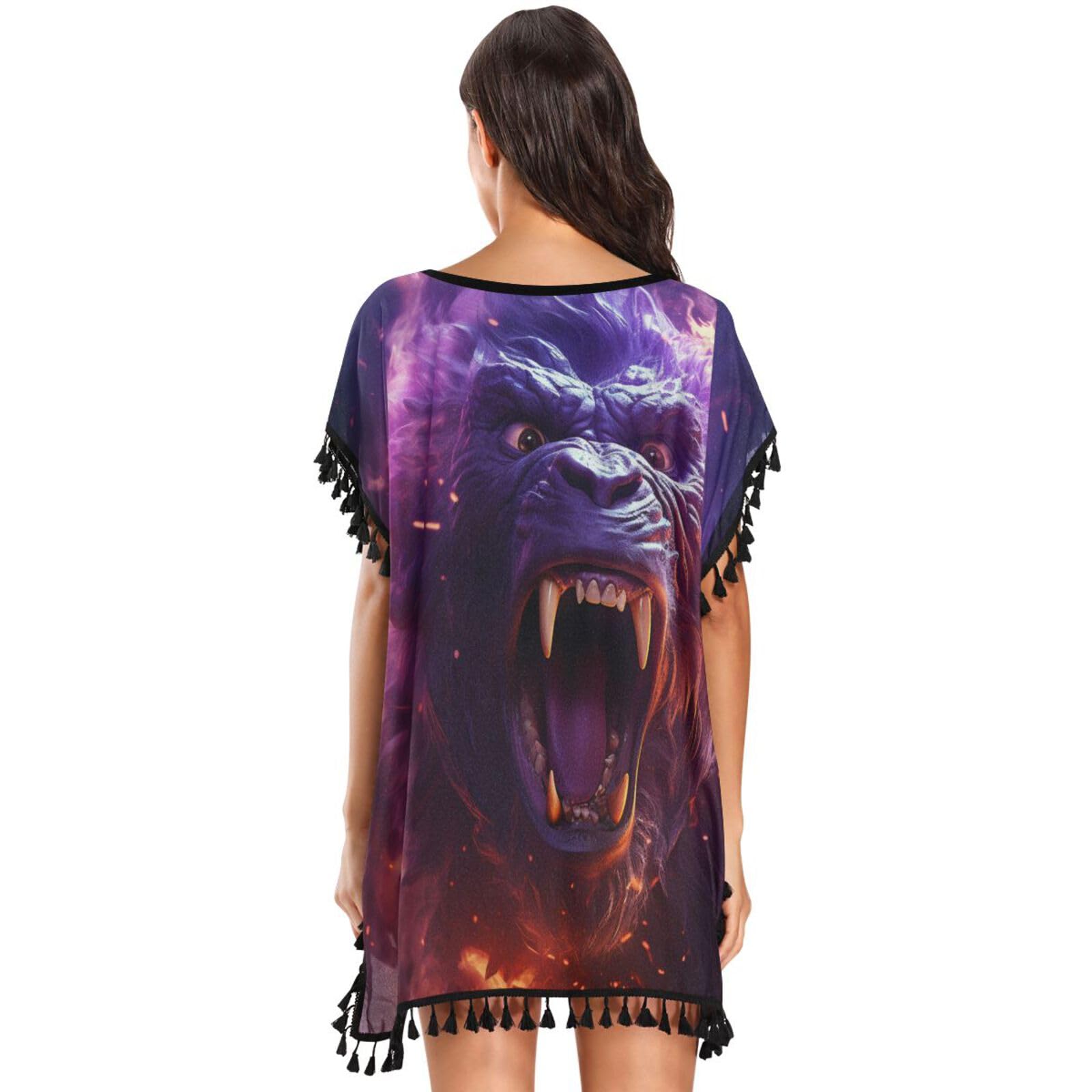 Angry Animal Chimpanzee Women's Beach Cover Up Chiffon Tassel Swimwear Swimsuit Coverups for Girl
