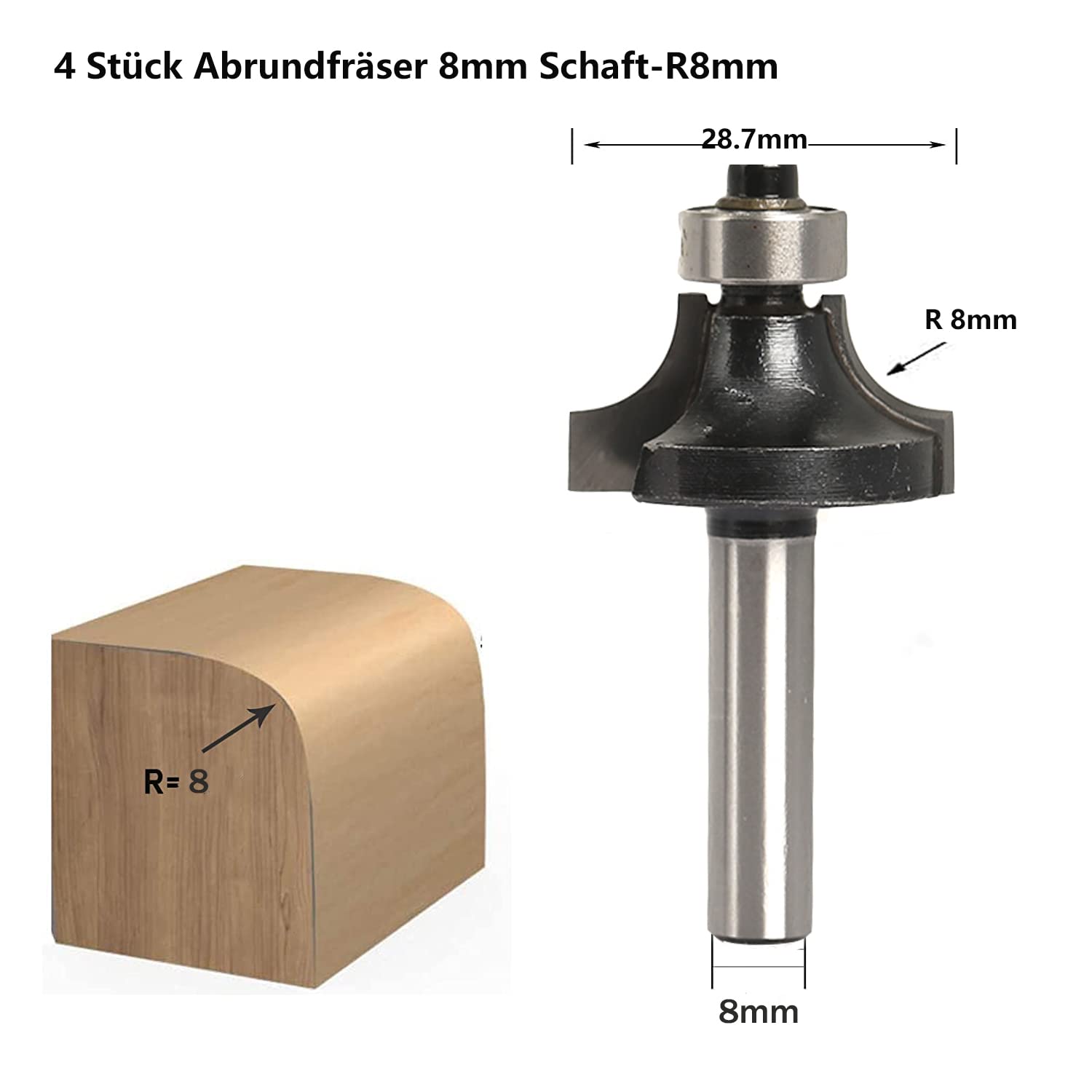 4 Stück Abrundfräsar, 8mm Schaft Rundfräser Standard Radiusfräsar Set, mit Kugelleger, Abrundfreser für Kantenfräse /Frästisch