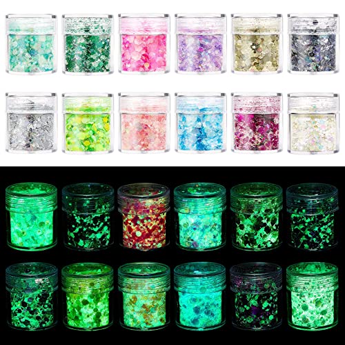 AOOWU Fluorescent Glitter, 12 Farben Glitzer Gesicht Fluorescent Sequin Leuchtendes, Halloween Schminke Make-up Glitzer Haare, Körperglitzer Festival Zubehör für Gesicht Nägel Augen Lippen Körper Cover