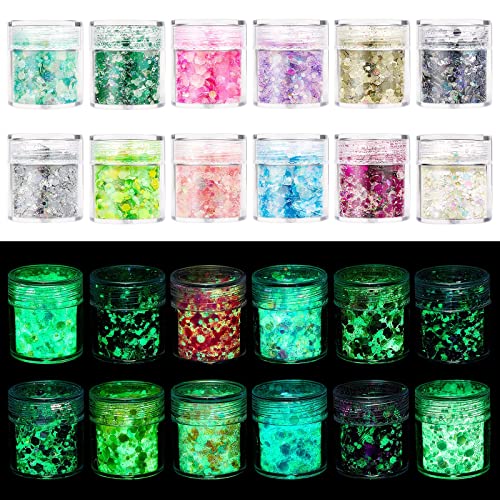 AOOWU Purpurina Polvo, 12 Colores Purpurina Cara Luminosas, Acrilico Glitter para Ojos, Cara, Pelo, Uñas, Chunky Glitter Corporal para Purpurina Maquillaje y Manualidades Brillante Decoración