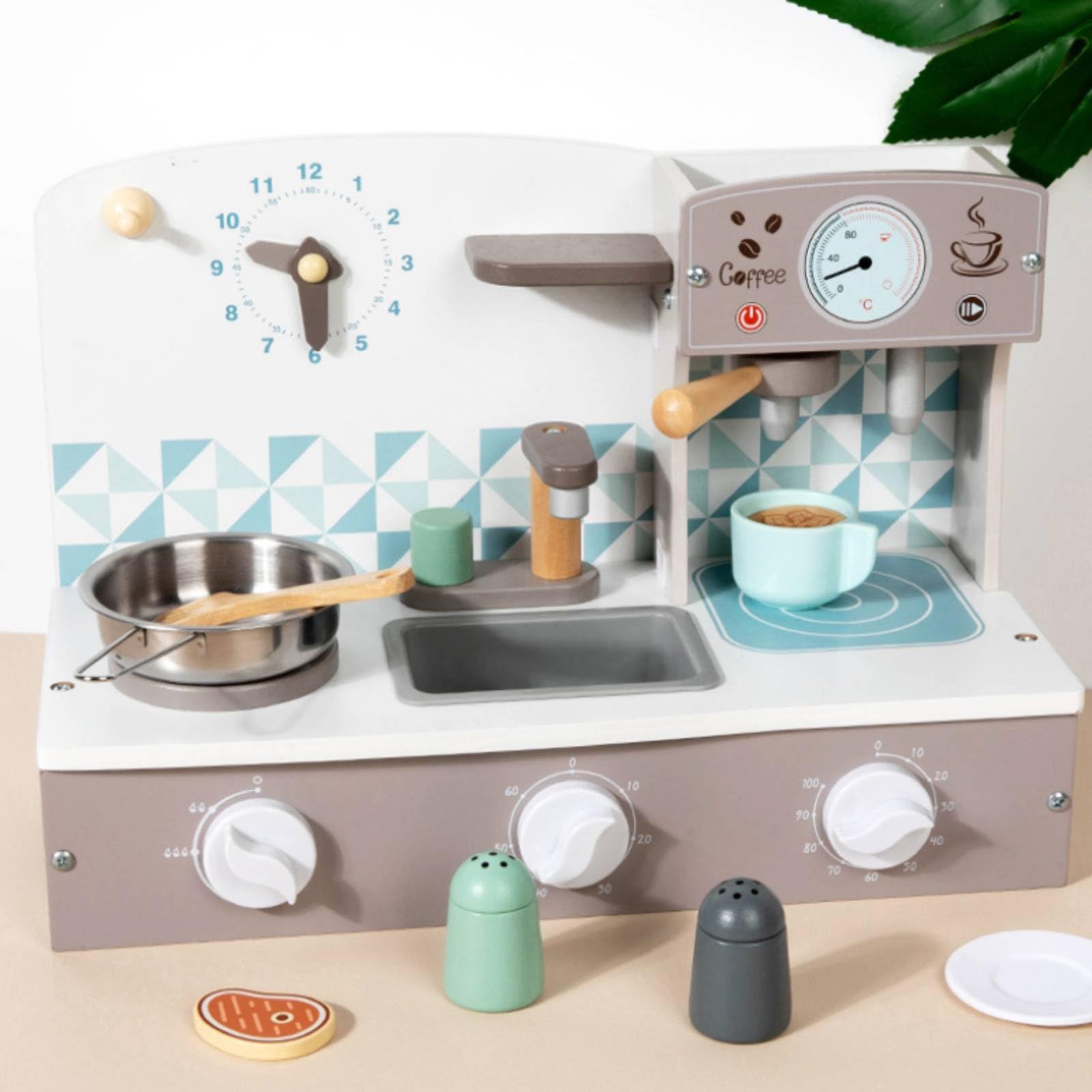 Cucina Giocattolo Bambini Set Cucina Giocattolo Piano Cottura Lavandino Stazione Caffè Legno Acciaio Orologio E Dettagli Deposito Adatta per Gioco Collaborativo Attività Prescolare Casa