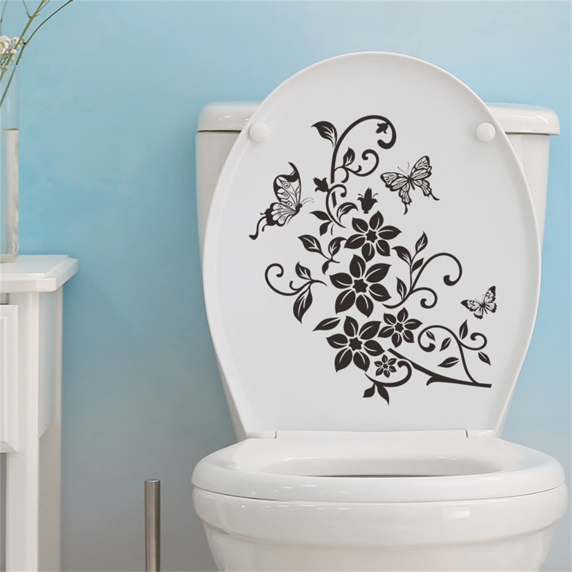 WAFT YEARN Flowers Butterfly Bathroom Toilet Seat Lid Cover Decals Stickers PVC Sticker Removable Self-Adhesive Restroom Decor Art Decoration (Flowers Butterfly)