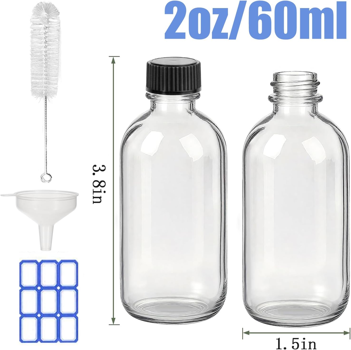 JohnBee 12-Pack 2 oz (60ml) Small Glass Boston Round Bottles with Lids - Leak-Proof Mini Travel Containers for Ginger Shots, Juice, Whiskey, Samples | W/Labels, Funnels & Brushes - Image 2