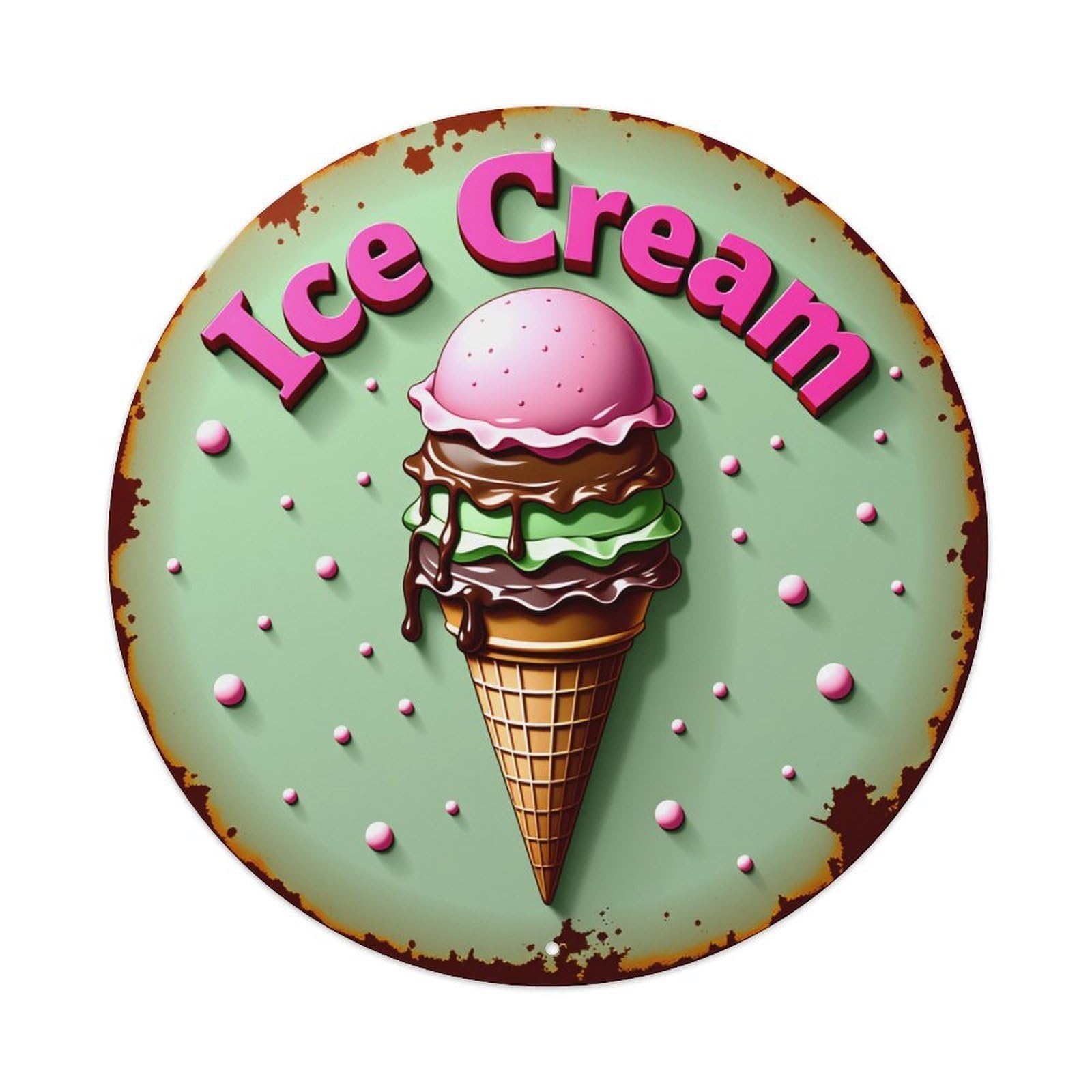 Wmlzdnwr Vintage Ice Cream Cone With Pink Chocolate And Green Layers Round Tin Sign,Retro Wall Art,Metal Poster For Home, Bar, Garage, Cafe, Rustic Indoor & Outdoor Decor, 8X8 Inches