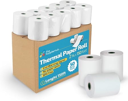 50 Rolls Thermal Receipt Paper - 2 1/4" x 150ft Long - White, Smooth, Biodegradable