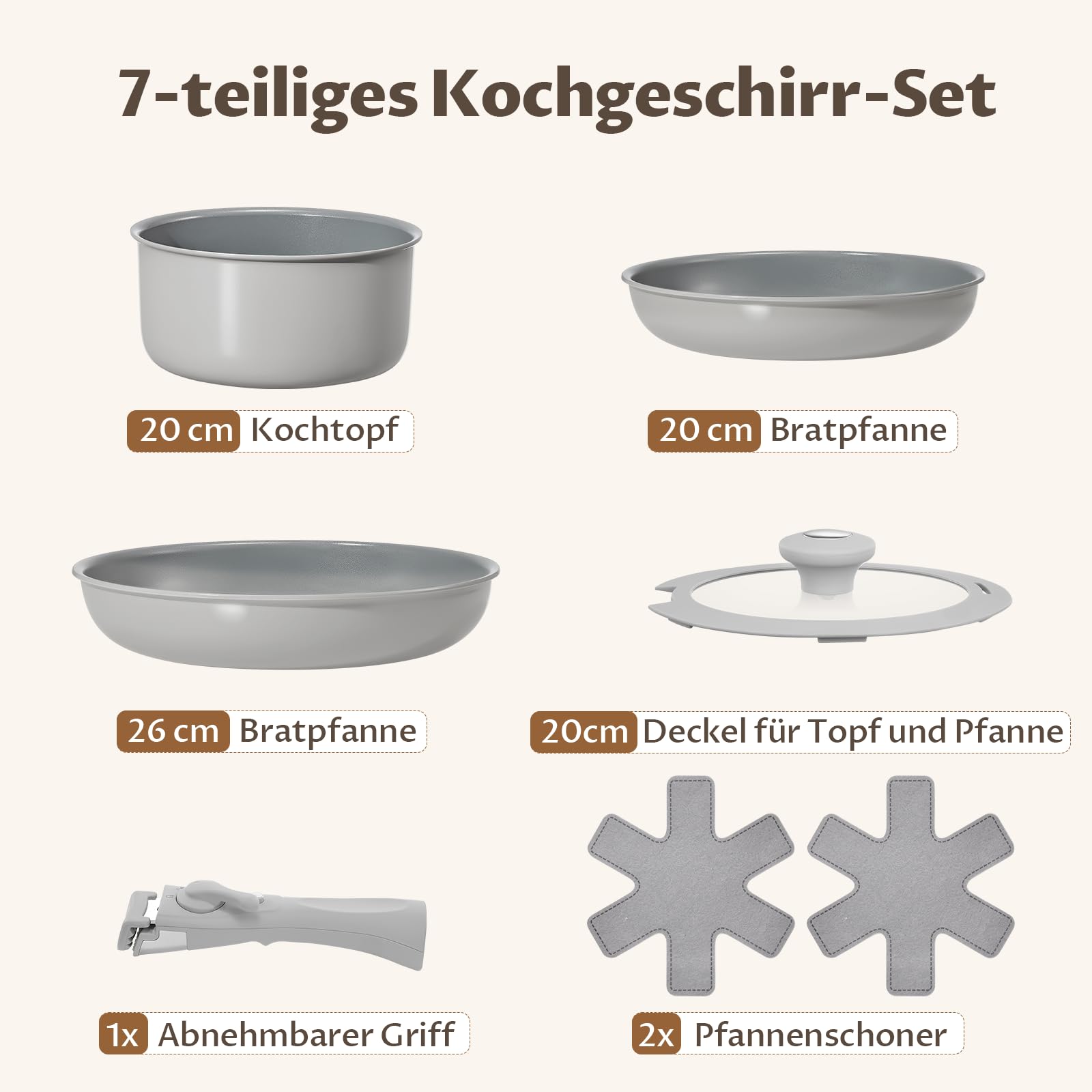BLAZANT Topfset mit Abnehmbarer Griff, 7-Teilig Topf und Pfannenset, Keramik Antihaft Pfanne, Molekulare Induktionsboden, Wohnmobil Kochgeschirr Set für Camping,PTOA/PTFE-frei, Stapelbar Platzsparend