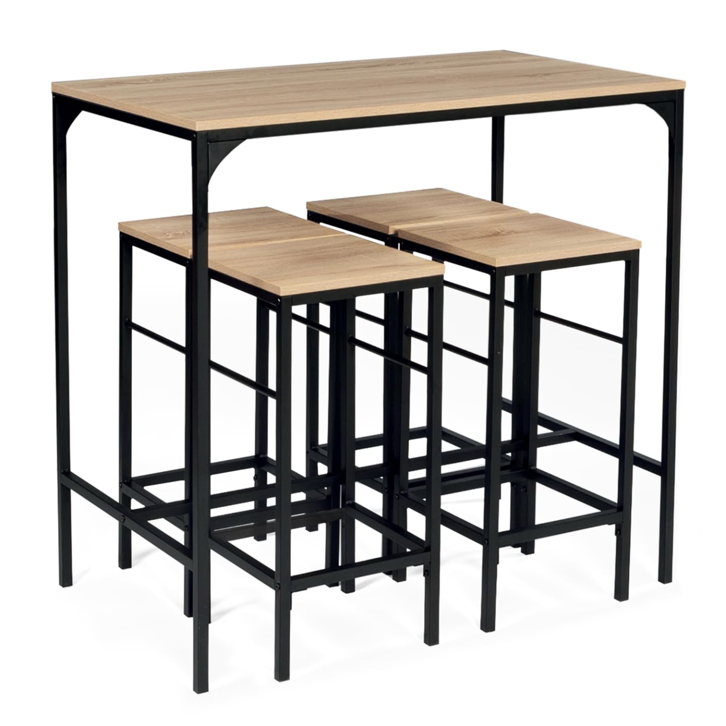 Ensemble Table Bar Detroit IDMarket - Table Haute 100x60x95 Cm + 4 Tabourets - Bois Et Métal Noir - Style Industriel