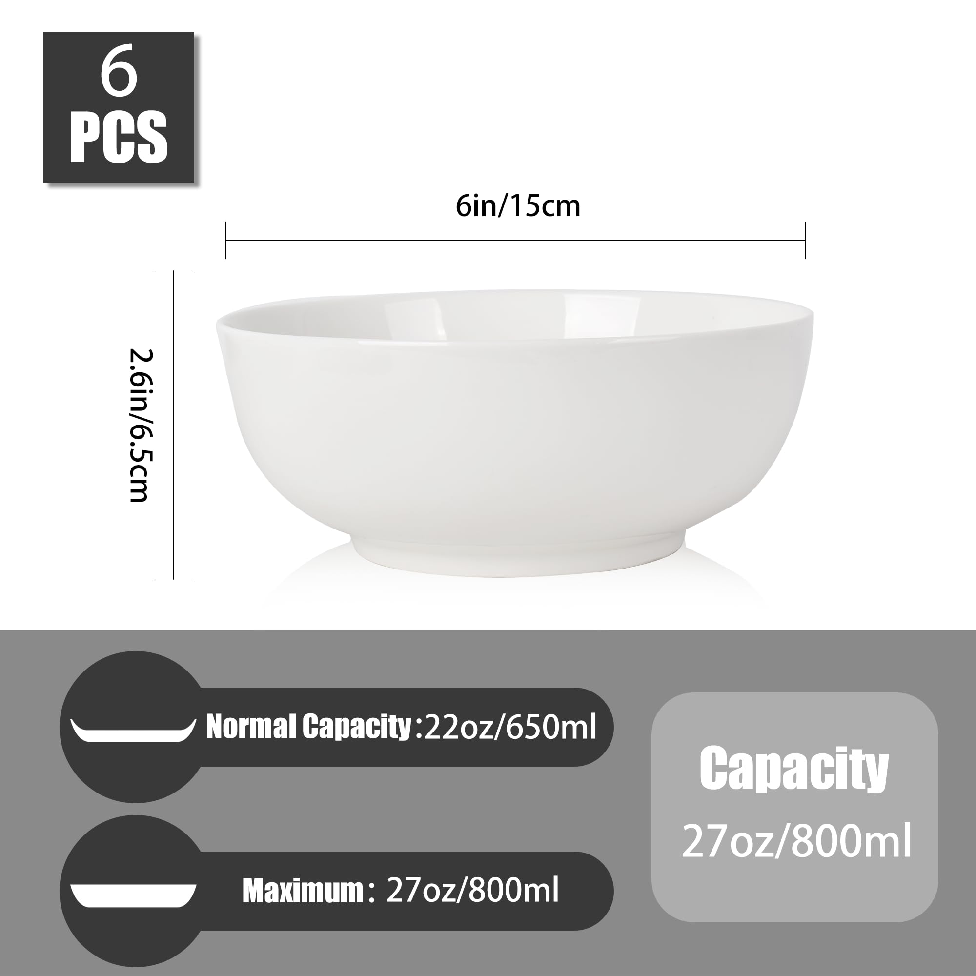 Cuenco para cereales, cuenco para sopa de 800 ml, juego de 6 cuencos y cuencos ligeros para cereales, sopa, ensalada, fideos, arroz, apto para microondas & lavavajillas, blanco Φ15 cm