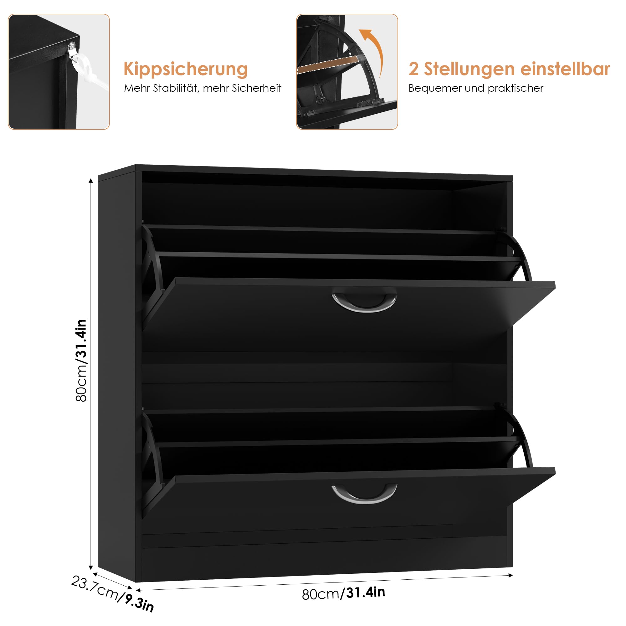 FirFurd Schuhschrank schwarz mit Schuhkipper für 8-16 Parre, Schuhregal platzsparend für Schuhaufbewahrung schmaler Schuhschrank 80cm breit für Diele, Flur, Eingang 80x80x23,5cm