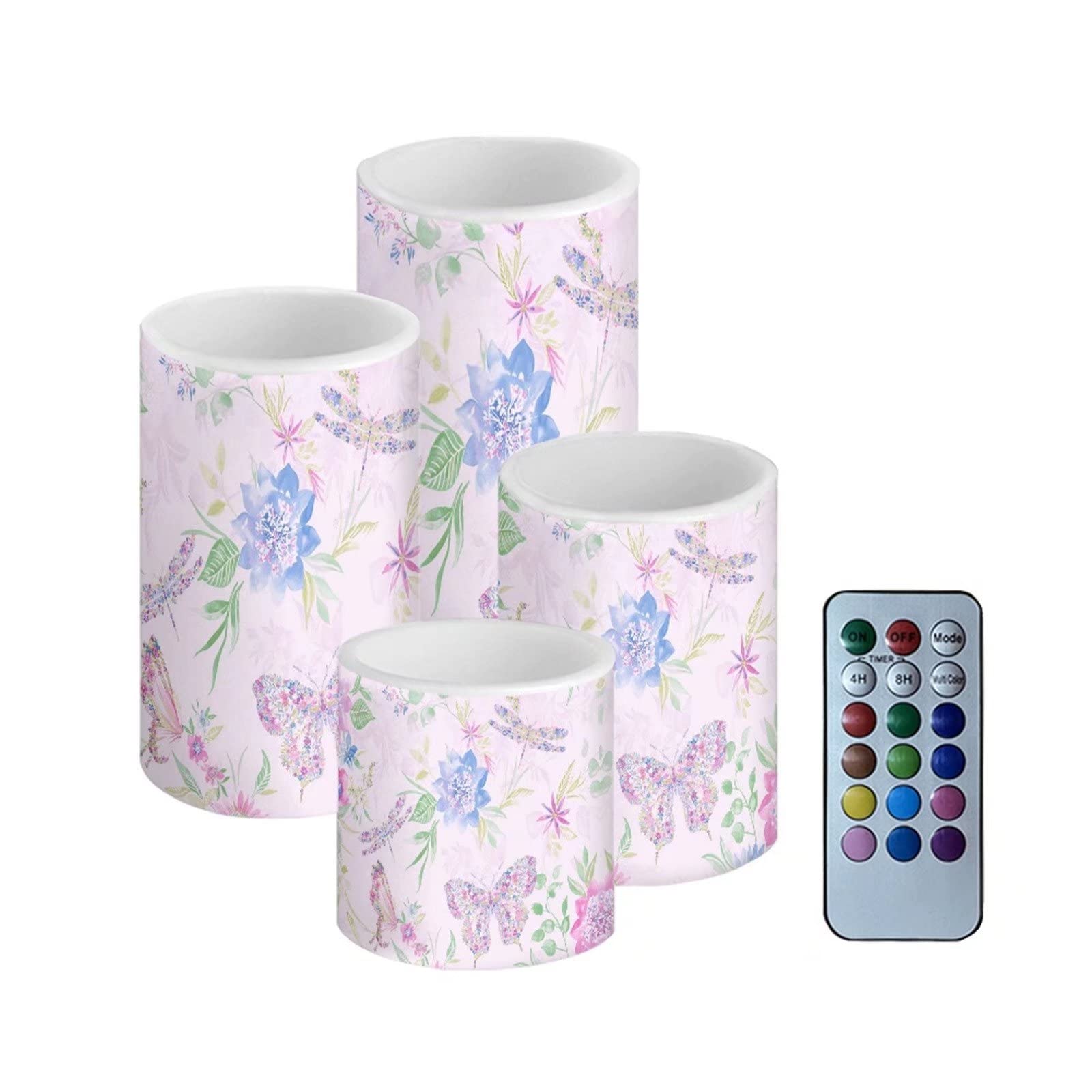 Showudesigns Pink Flameless Flickering Candles with Remote Control & Timer,4 Pack Battery Operated LED Decor Candles for Party Bedroom Table Home Decor Dragonfly Butterfly