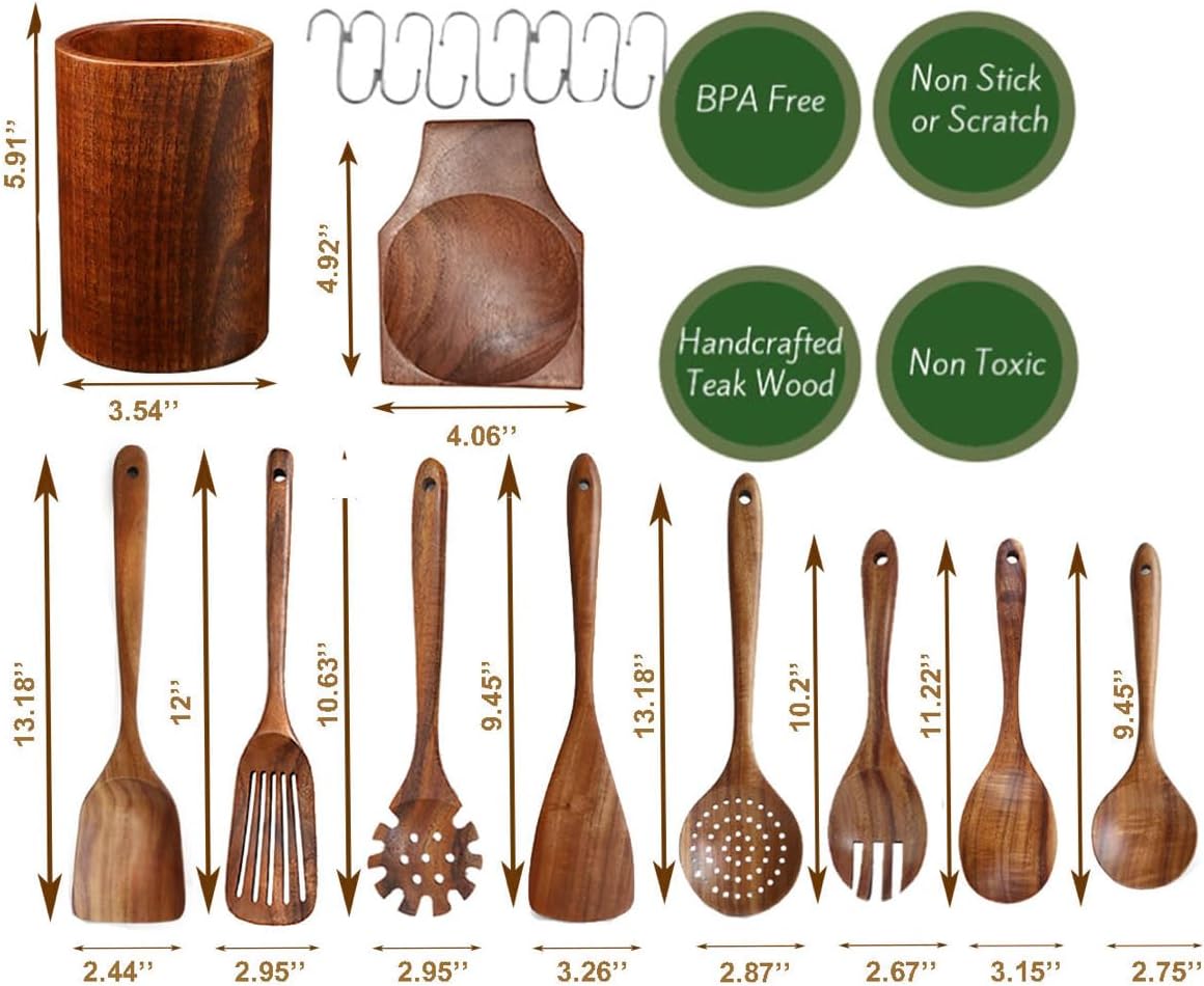 BaraBara Kitchen Utensils Set, Wooden Holder, Spoon Rest and Hooks, Kitchen Wooden Utensils, 100% Natural Teak Wooden Kitchen Utensil