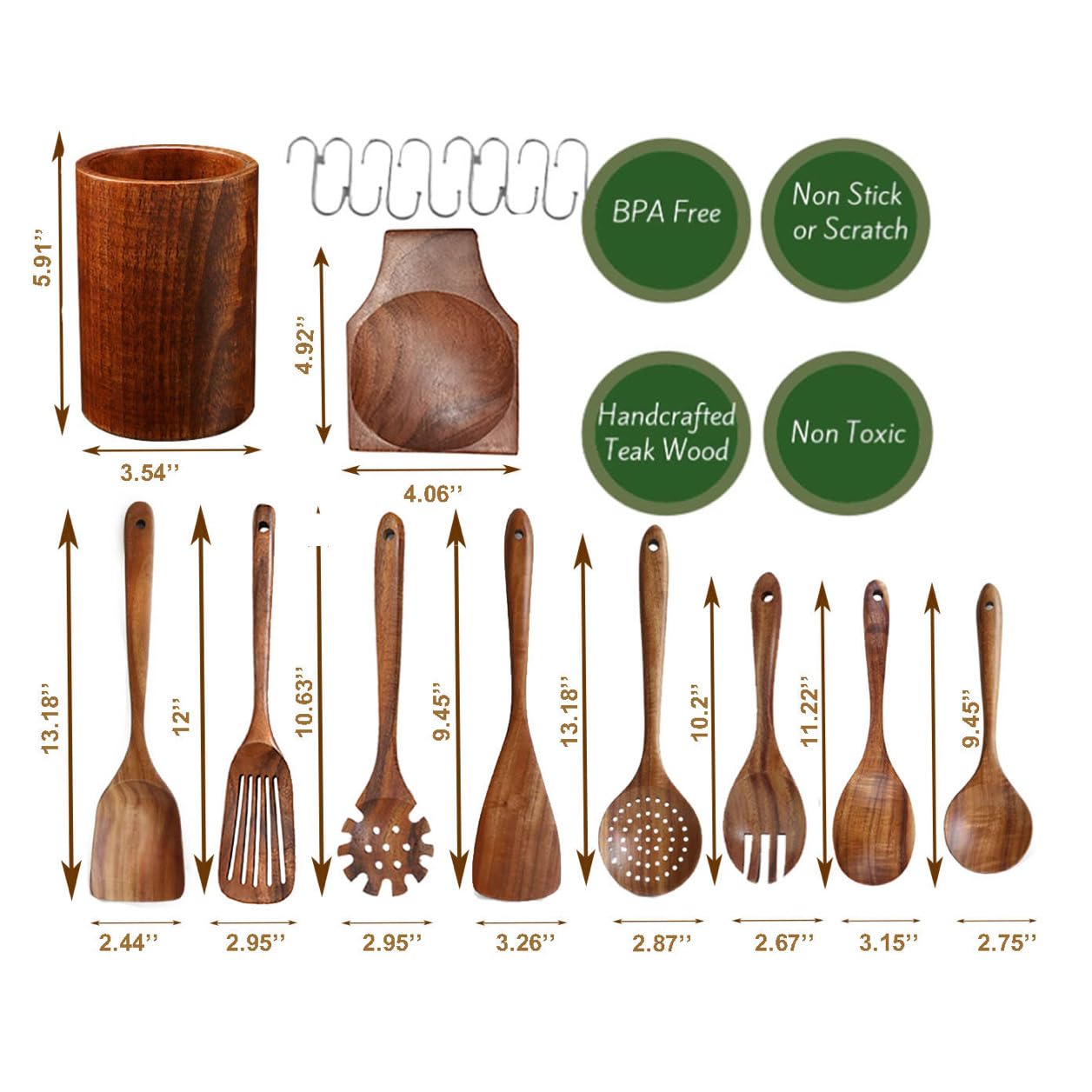 Küchenutensilien Set, Holzhalter, Löffelablage und Haken, 100% natürliches Teakholz Holz Küchenhelfer Set zum Kochen mit Spatel, Löffeln und Schöpfkelle in einem Stoffbeutel (19 Stück)