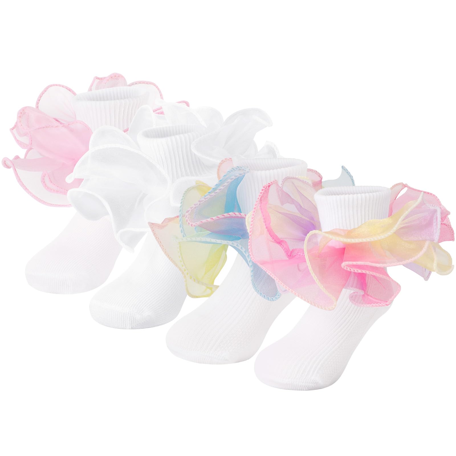 DRESHOW Toddler Girls Ruffle Socks Double Lace Frilly Dress Socks Turn Cuff Ankle Socks for Kids