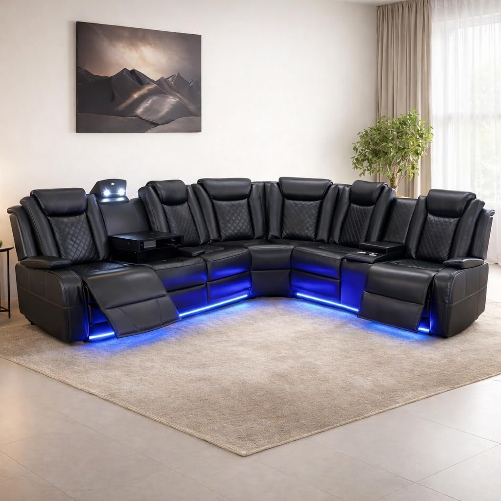FUOROLA Power Recliner Living Room Set with LED, U Shape Breathing Leather Reclining Sectional Sofa Couches for Home Theater Seat with Cup Holder, Storage Consloe, USB Charge,Wireless Charger
