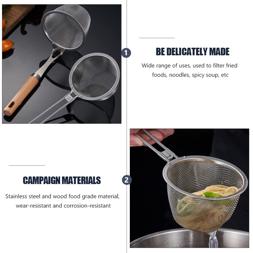 2 coladores de acero inoxidable: colador de malla fina con mango, cucharón para cocinar y freír, colador de metal, fideos espaguetis (plateado)