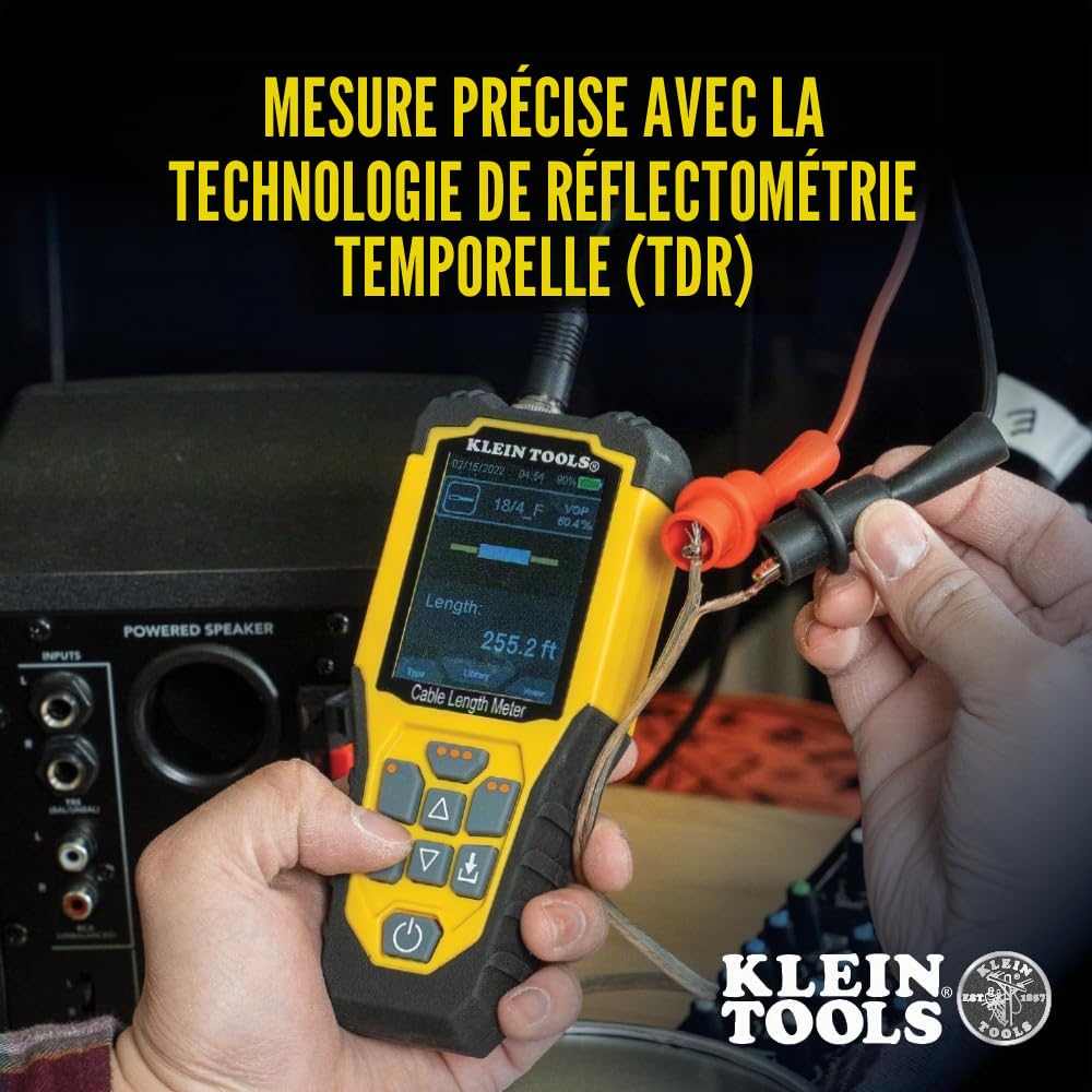 Klein Tools 501-915 | Mesureur de longueur de câbles TDR | Mesure jusqu’à ~914 m | Détecte distance à défaut ouvert ou court | Générateur de tonalité intégré | Écran LCD rétroéclairé