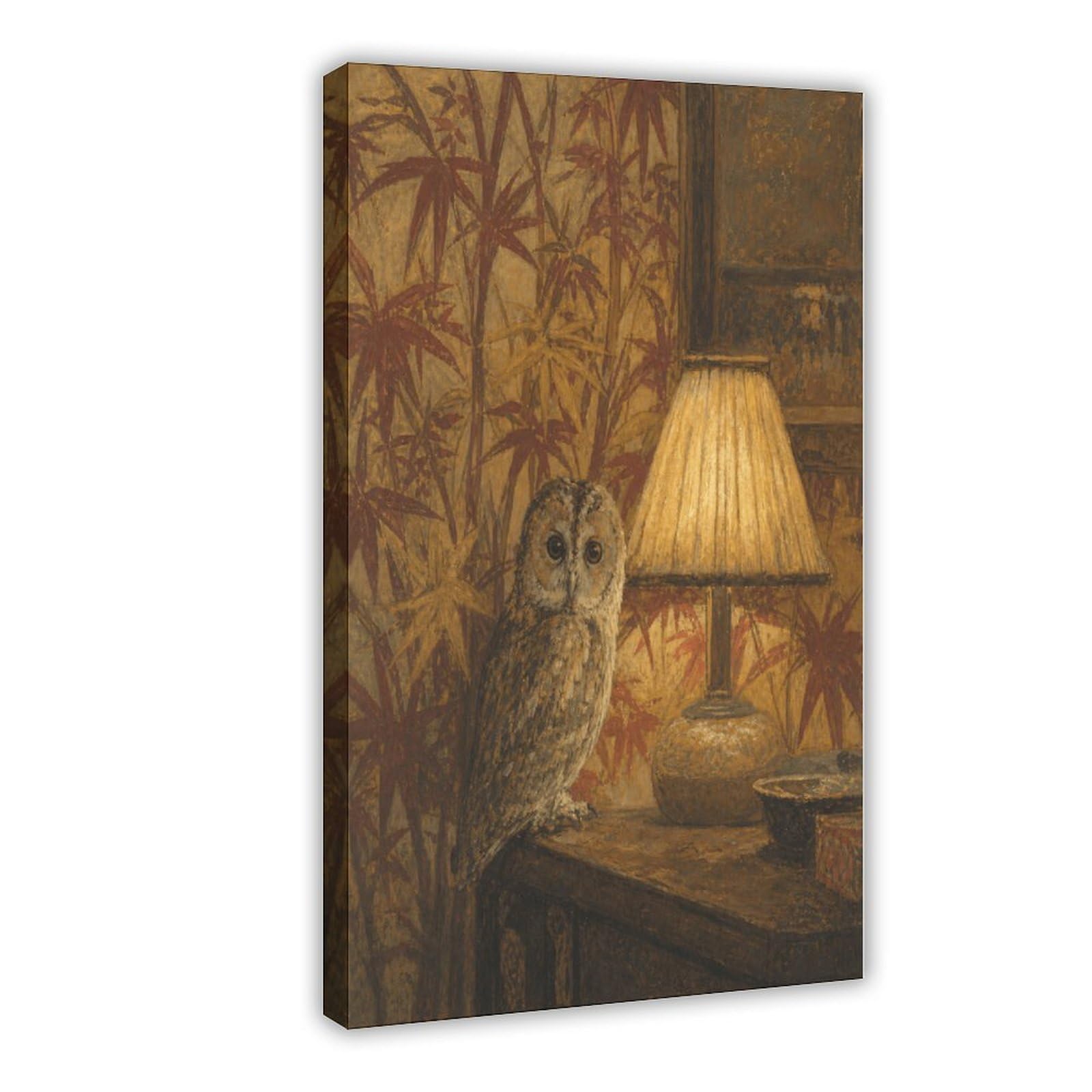 W7c8u2x3 Frame-Style-17 Owl By Lampshade Canvas Wall Art, Night Bird Hallway