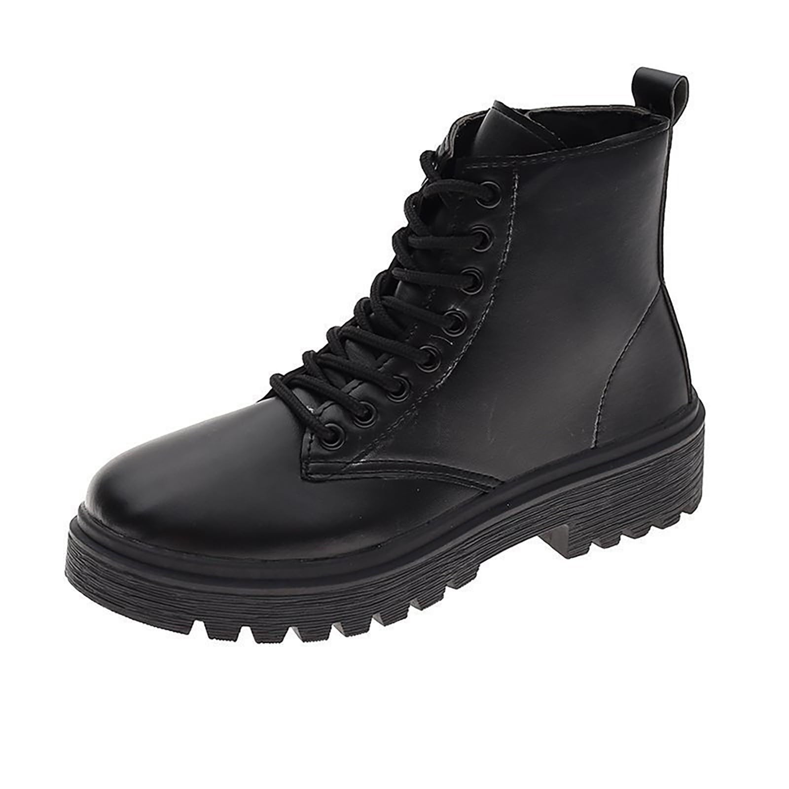 Womens Combat Boots Lace-Up Lug Sole Low Chunky Heel Military Ankle Bootie Round Toe Side Zipper Shoe Short