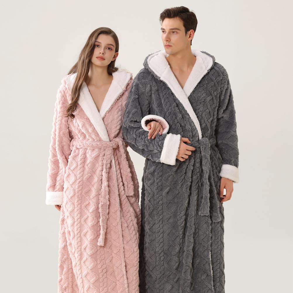 Batas largas de Felpa con Capucha para Hombre y Mujer Albornoz de Invierno Suave Esponjoso y cálido Bata de casa de Forro Polar para Parejas,Women Blue,L