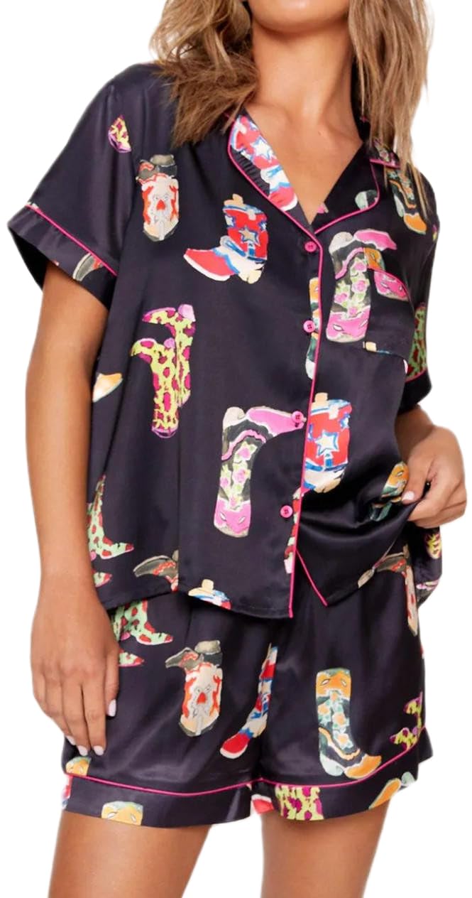 YiulangdeCowboy Boot Pajamas For Women Cute Silk Satin Preppy Pjs Shorts Y2k Printed 2 Piece Button Down Pajama Shirts Sets