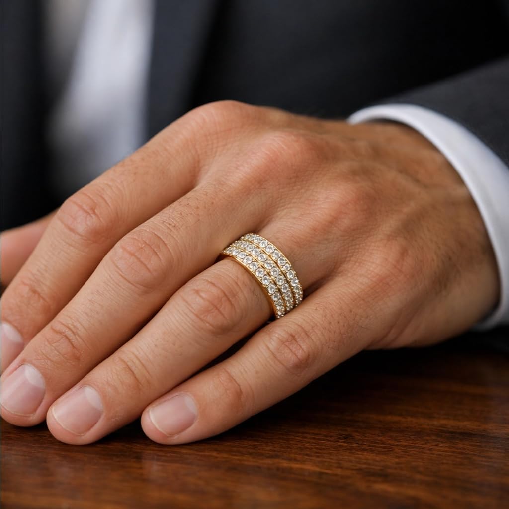 Men's Wedding Rings Three Row Pave CZ Diamond Eternity Band 6mm 316 Stainless Steel Men Ring Comfort