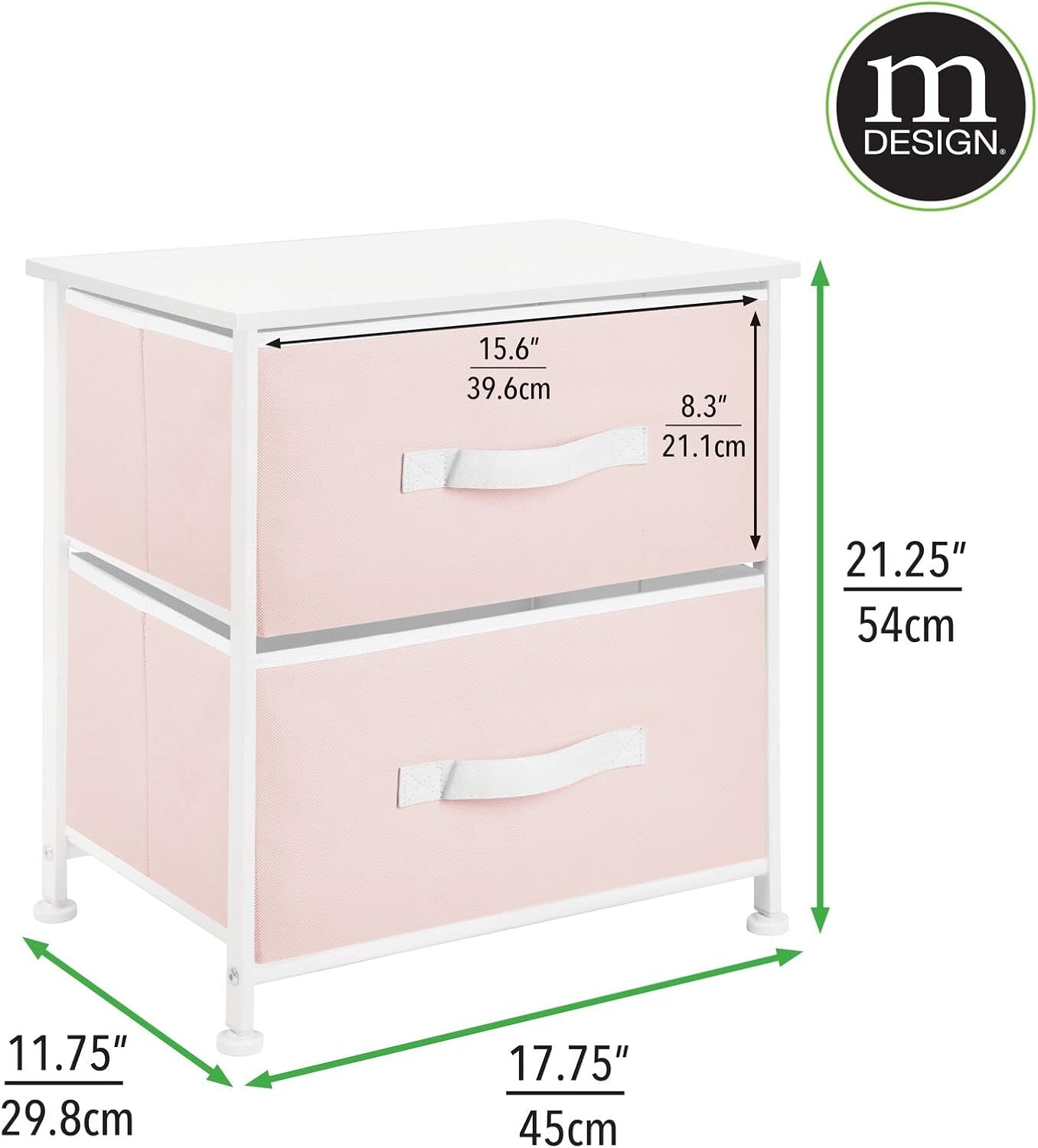 mDesign Small Storage Dresser End/Side Table Night Stand with 2 Removable Fabric Drawers - Organizer for Bedroom, Living Room, Closet - Hold Clothes, Linens, Accessories, Jane Collection, Pink/White