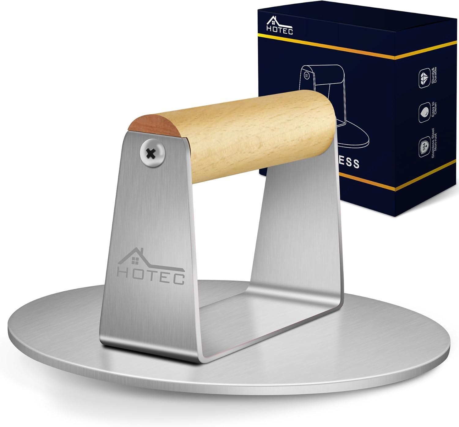 HOTEC Prensa redonda de tocino para parrilla extra pesada de acero inoxidable de 6.2 pulgadas para tocino de hamburguesas, con mango de madera