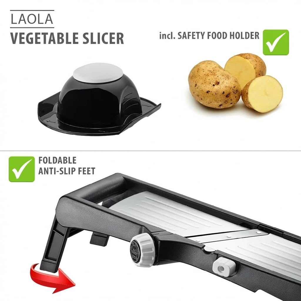 GEFU Cortador de verduras LAOLA | Grosor de corte ajustable 1 – 9 mm | Juliana y corte ondulado | Acero inoxidable, pies antideslizantes, soporte de seguridad, apto para lavavajillas