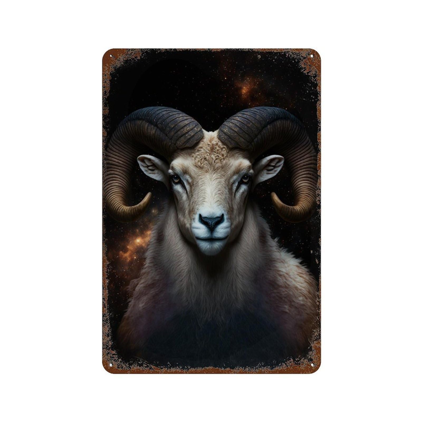 Rust Effect Rams in Space Celestial Rams Rusty Metal Tin Sign 11.8"x7.9", Decorative Metal Wall Art for Farmhouse, Kitchen And Entryway Decor