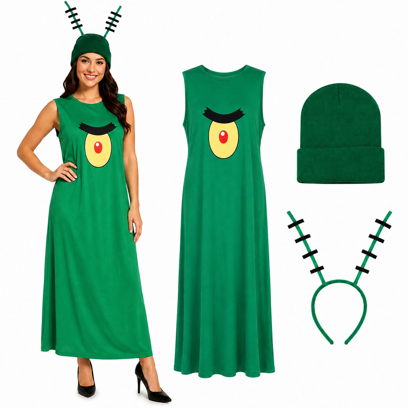 Boyigog Green Sea Animal Costume Set 3 Pcs Green Big Face Dress with Knit Hat Antenna Headband, Halloween Funny Ocean Cosplay Costume for Carnival Stag Party