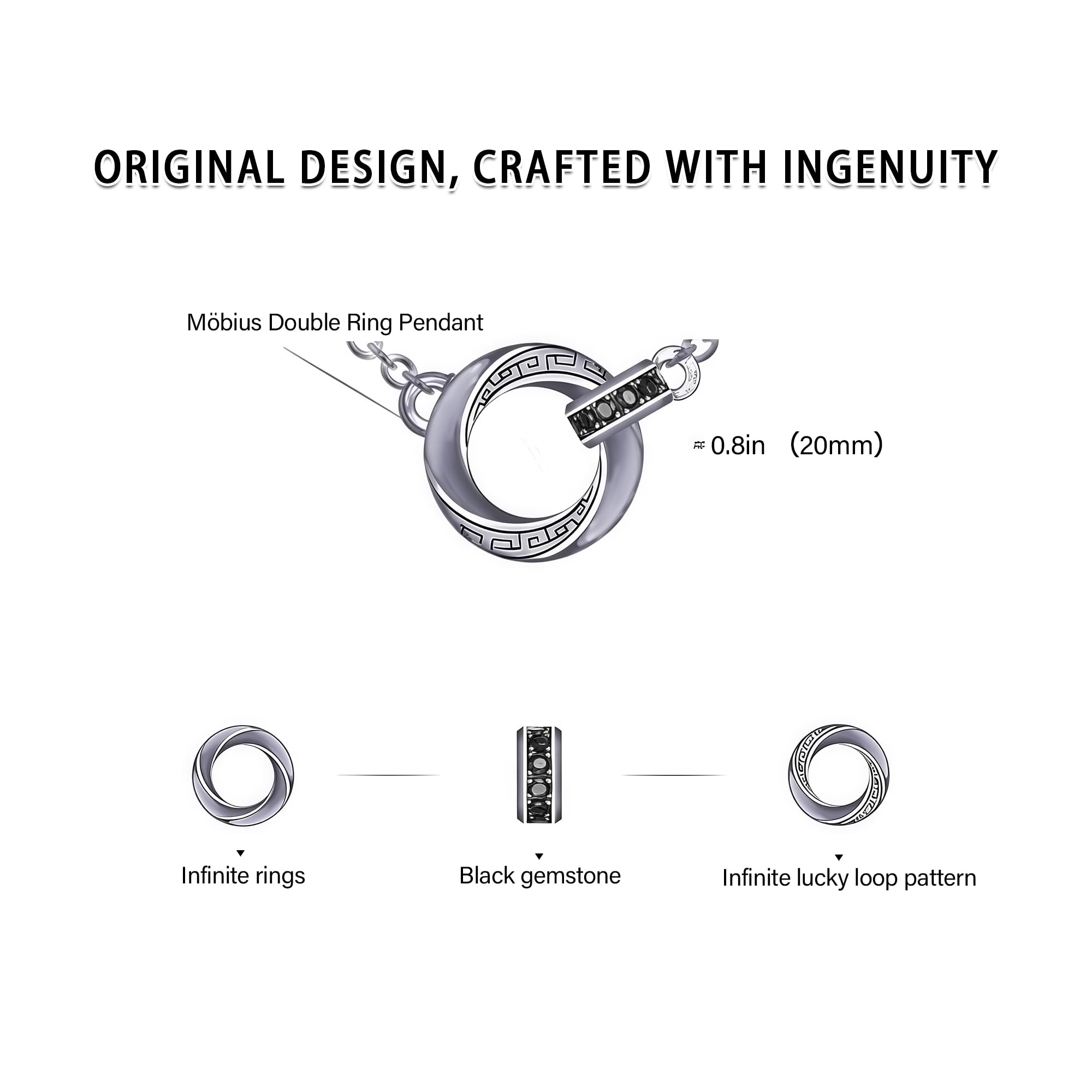 Möbius Strip Men's Necklace, Double Ring Black Onyx Pendant Necklace for Men, Silver Interlocking Circle Mens Necklaces holiday,Jewelry Gift for Him Boyfriend Husband (22+2Inchs)